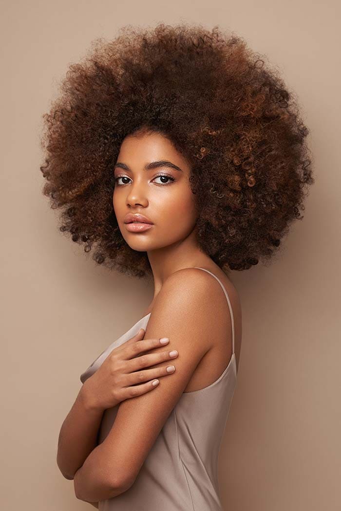 Portrait d'une femme afro-américaine aux cheveux frisés de type afro