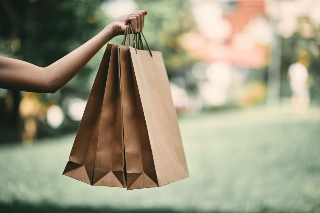 Image d'une bras de femme avec un sac en papier brun sur boulevard commercial